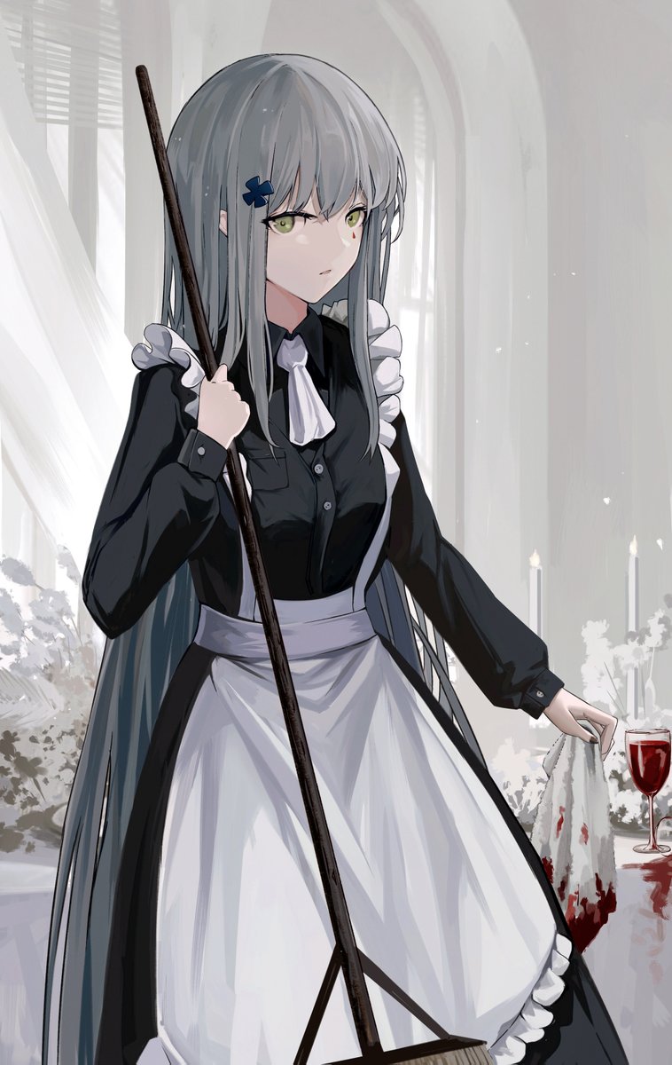 1girl amamizu_shizuku apron bangs blue_hair closed_mouth commentary_request crossed_bangs cup drinking_glass eyebrows_visible_through_hair feet_out_of_frame girls_frontline glass green_eyes highres hk416_(girls'_frontline) holding holding_mop long_hair looking_at_viewer maid maid_apron mop simple_background solo standing table teardrop_facial_mark teardrop_tattoo wine_glass