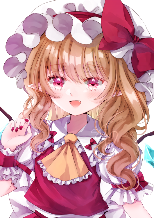 1girl ascot bangs blonde_hair bow collar collared_shirt crystal eyebrows_visible_through_hair eyes_visible_through_hair fang flandre_scarlet frills hair_between_eyes hand_up hat hat_bow heart heart-shaped_pupils jaku_sono jewelry looking_away medium_hair mob_cap one_side_up open_mouth pink_eyes puffy_short_sleeves puffy_sleeves red_bow red_nails red_skirt red_vest shirt short_sleeves simple_background skirt smile solo symbol-shaped_pupils tongue touhou vest white_background white_bow white_headwear white_shirt white_sleeves wings wrist_cuffs yellow_neckwear