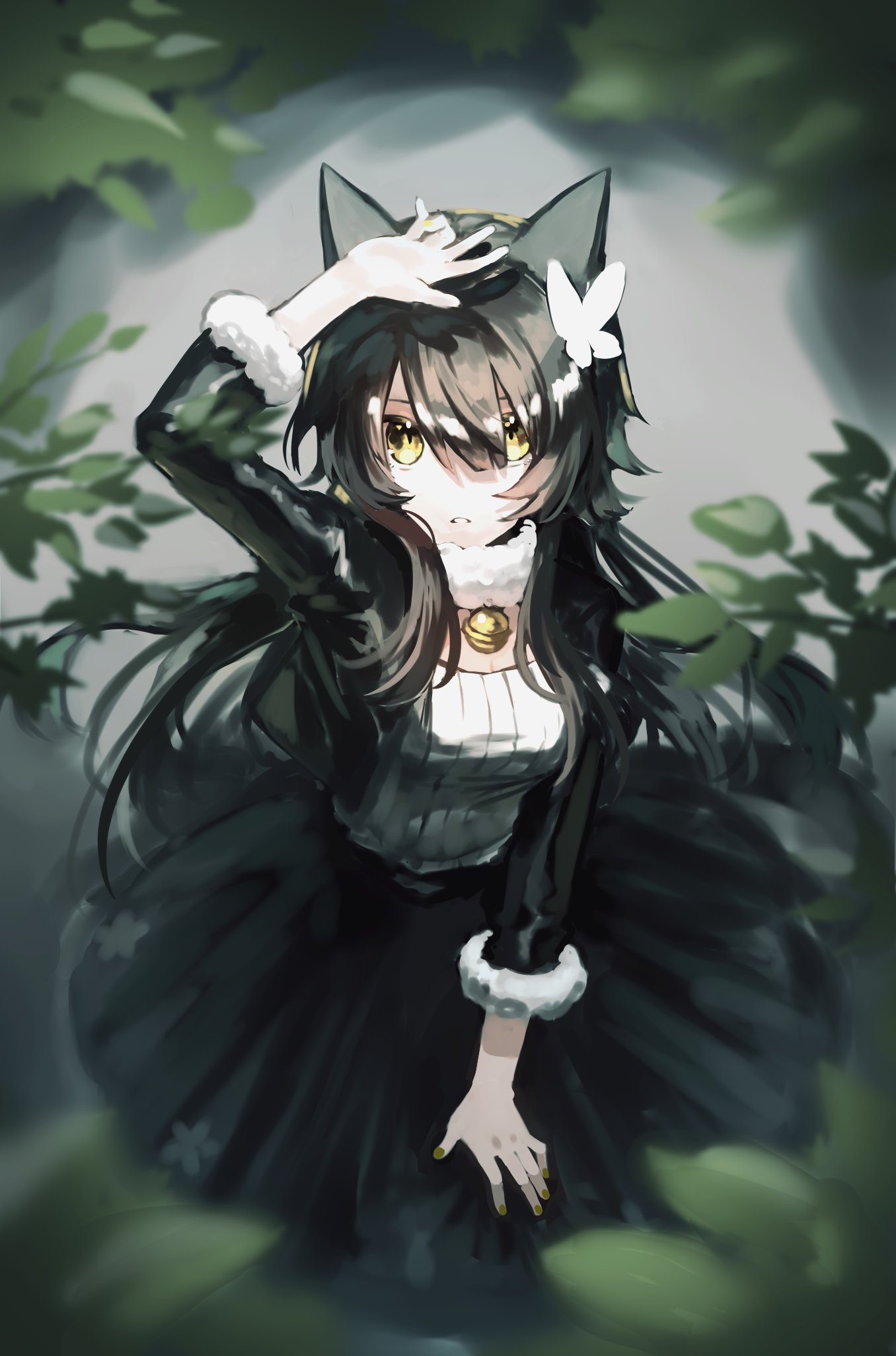 1girl animal_ears bangs bell black_hair bush cat_ears character_request copyright_request cropped_jacket dress fur-trimmed_sleeves fur_collar fur_trim green_dress hair_between_eyes hand_to_forehead highres kohina27831 leaf long_hair looking_at_viewer neck_bell outdoors parted_lips smile solo yellow_eyes