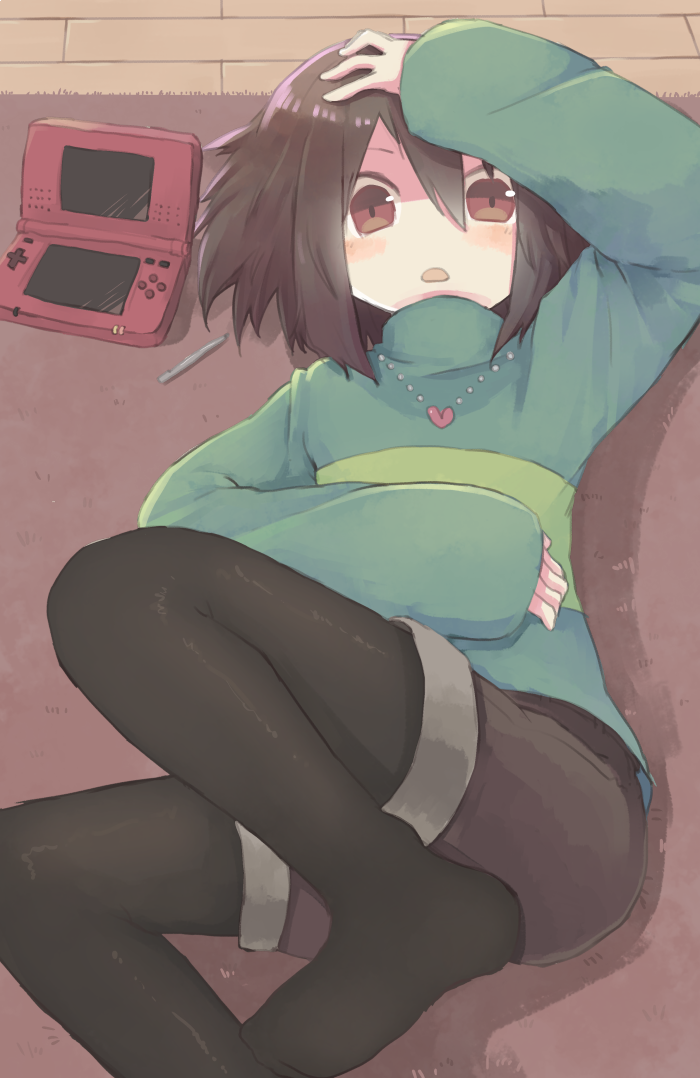 black_legwear brown_eyes brown_hair brown_shorts chara_(undertale) green_sweater hair_between_eyes hand_on_own_head hand_on_own_stomach handheld_game_console heart heart_necklace jewelry leggings legwear_under_shorts looking_at_viewer lying maro necklace nintendo_ds on_floor open_mouth pen red_heart short_hair shorts striped striped_sweater sweater undertale wooden_floor