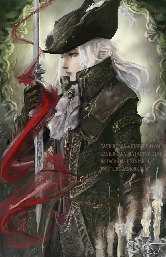 1girl ascot blonde_hair blood bloodborne blue_eyes cape coat gem gloves hat hat_feather holding justin_paul lady_maria_of_the_astral_clocktower long_hair looking_at_viewer ponytail rakuyo_(bloodborne) solo sword the_old_hunters tricorne weapon white_hair