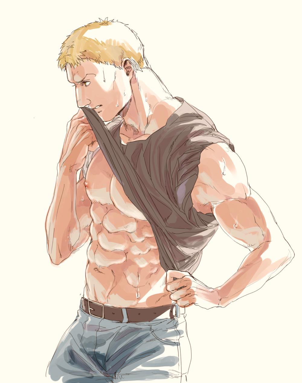 1boy abs alternate_costume bare_arms bare_pectorals bare_shoulders belt black_shirt blonde_hair casual clothes_lift denim feet_out_of_frame from_side highres jeans male_focus muscular muscular_male navel nene_(10575936) nipples pants pectorals reiner_braun shingeki_no_kyojin shirt shirt_lift short_hair solo sweat tied_sleeves white_background wiping_sweat