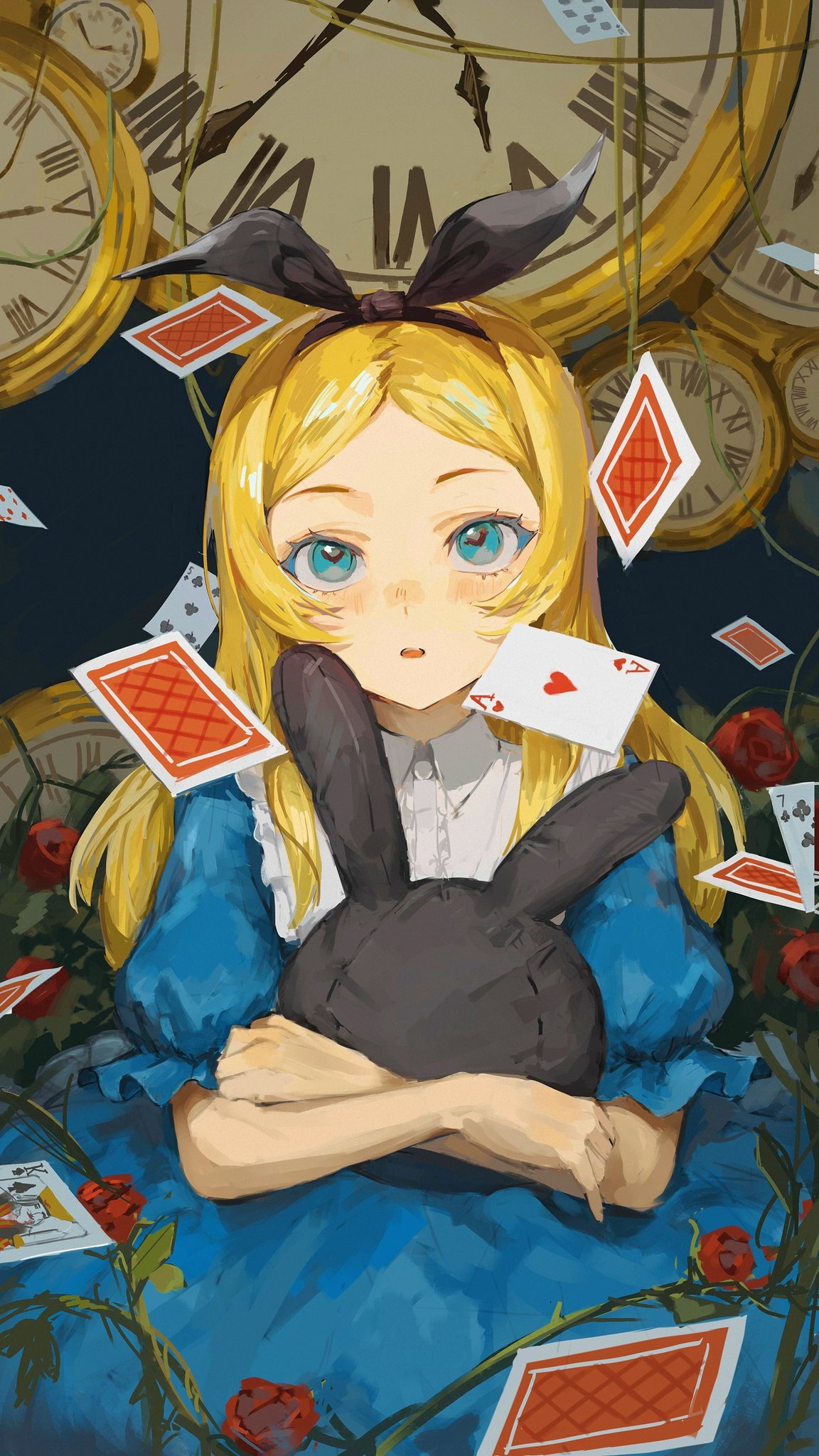 1girl alice_(alice_in_wonderland) alice_in_wonderland blonde_hair blue_dress blue_eyes card clock collared_dress commentary disney dress flower headband heart heart-shaped_pupils highres holding holding_stuffed_toy long_hair looking_up parted_lips plant playing_card puffy_sleeves red_flower red_rose rose skyn_blue solo stuffed_toy symbol-shaped_pupils upper_body vines