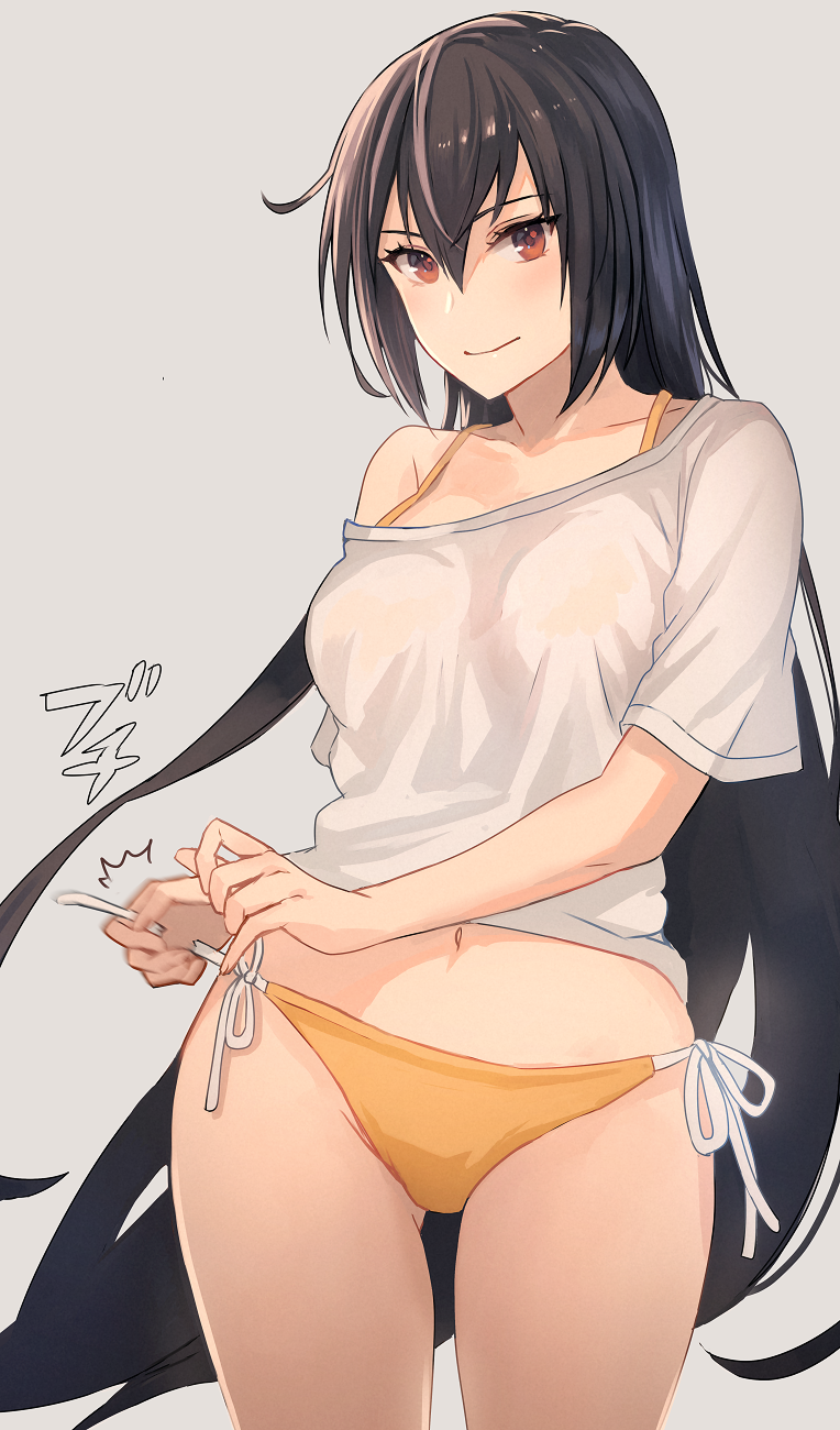 1girl bare_legs bikini bikini_bottom black_hair blush brown_eyes closed_mouth collarbone cowboy_shot grey_background highres kantai_collection kasumi_(skchkko) long_hair nagato_(kancolle) navel orange_bikini shirt short_sleeves side-tie_bikini simple_background smile solo swimsuit white_shirt