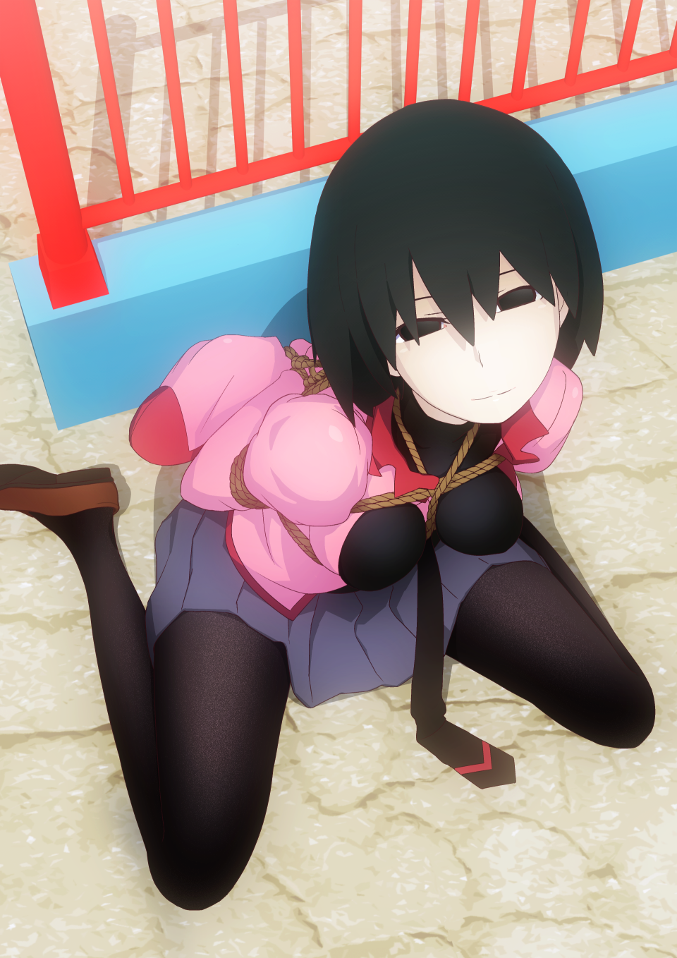 1girl arms_behind_back bad_id bad_pixiv_id bakemonogatari bdsm black_eyes black_hair black_legwear black_necktie black_shirt blush bob_cut bondage bound breasts brown_footwear empty_eyes hair_between_eyes highres loafers long_legs looking_at_viewer monogatari_(series) naoetsu_high_school_uniform necktie on_ground open_clothes open_shirt oshino_ougi outdoors pantyhose pink_shirt purple_skirt railing renu_oukoku rope school_uniform shibari shibari_over_clothes shirt shoes short_hair sitting skirt small_breasts solo turtleneck wariza