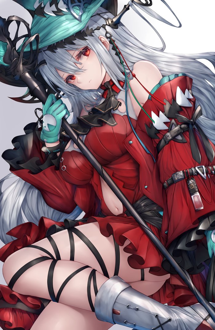 1girl aqua_gloves aqua_headwear arknights ascot bare_shoulders boots closed_mouth clothing_cutout detached_sleeves dress gloves long_hair red_dress red_eyes short_dress silver_hair skadi_(arknights) skadi_the_corrupting_heart_(arknights) snm_(sunimi) solo staff thigh_strap