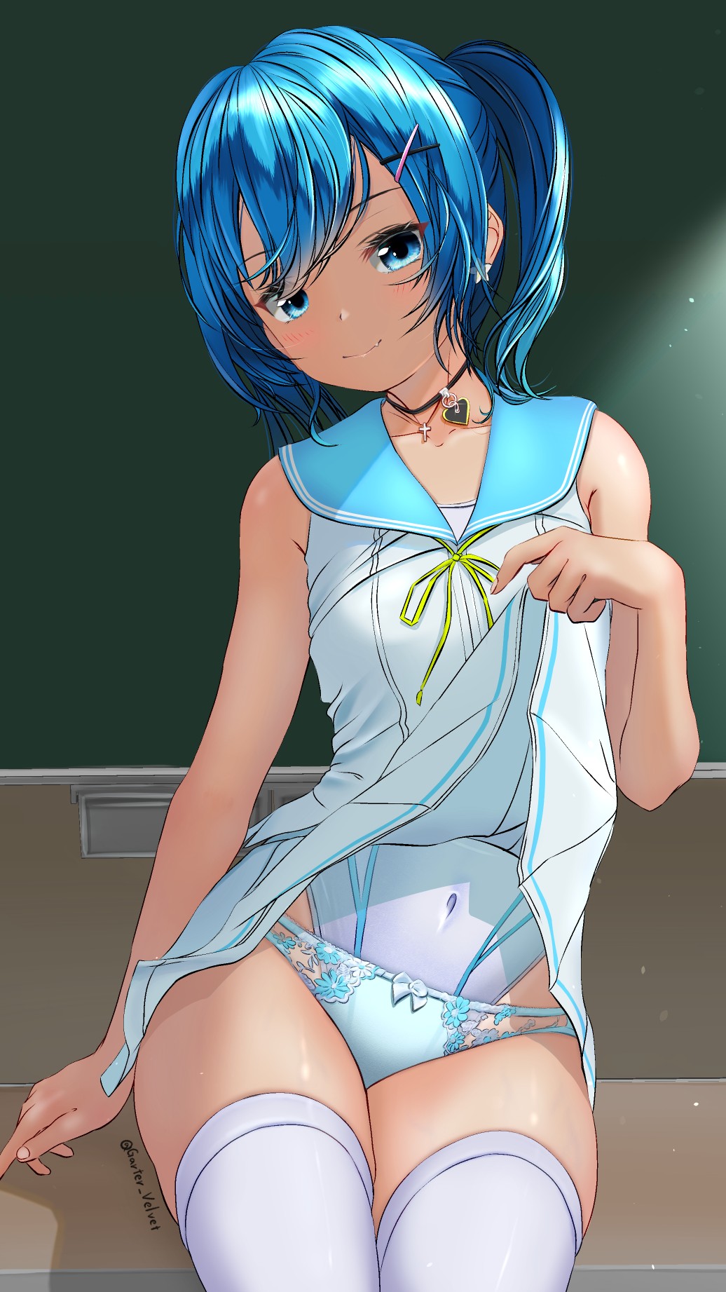 1girl aigami_kaon blue_eyes blue_hair blue_sailor_collar chalkboard clothes_lift competition_swimsuit cowboy_shot garter-velvet highres lifted_by_self long_hair looking_at_viewer one-piece_swimsuit original panties pleated_skirt ponytail sailor_collar school_uniform serafuku sitting skirt skirt_lift sleeveless solo swimsuit swimsuit_under_clothes swimsuit_under_panties thigh-highs two-tone_swimsuit underwear white_legwear white_panties white_skirt white_swimsuit