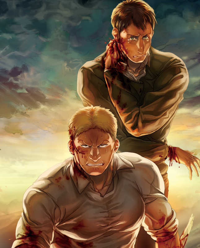 2boys alternate_pectoral_size bertolt_hoover black_hair blonde_hair blood blood_on_clothes blood_on_face brown_pants crying crying_with_eyes_open dark-skinned_male dark_skin embers feet_out_of_frame frown impaled injury large_pectorals looking_at_viewer male_focus mountain multiple_boys muscular muscular_male pants pectorals reiner_braun shingeki_no_kyojin shirt short_hair spoilers sunrise tears tight tight_shirt white_shirt zyunya