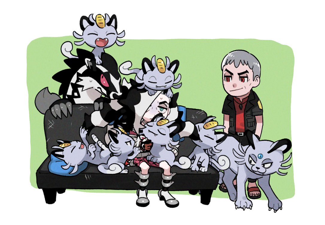 2boys alolan_meowth alolan_persian bangs belt bike_shorts black_hair black_jacket boots closed_mouth couch eyeshadow flip-flops green_eyes grey_eyeshadow grey_hair hair_over_one_eye hakinikui_kutsu_no_mise jacket long_hair makeup male_focus multicolored_hair multiple_boys nanu_(pokemon) obstagoon on_head open_clothes open_jacket pants piers_(pokemon) pokemon pokemon_(creature) pokemon_(game) pokemon_on_head pokemon_sm pokemon_swsh red_eyes red_shirt sandals shirt short_sleeves sitting sweatdrop symbol-only_commentary two-tone_hair white_hair