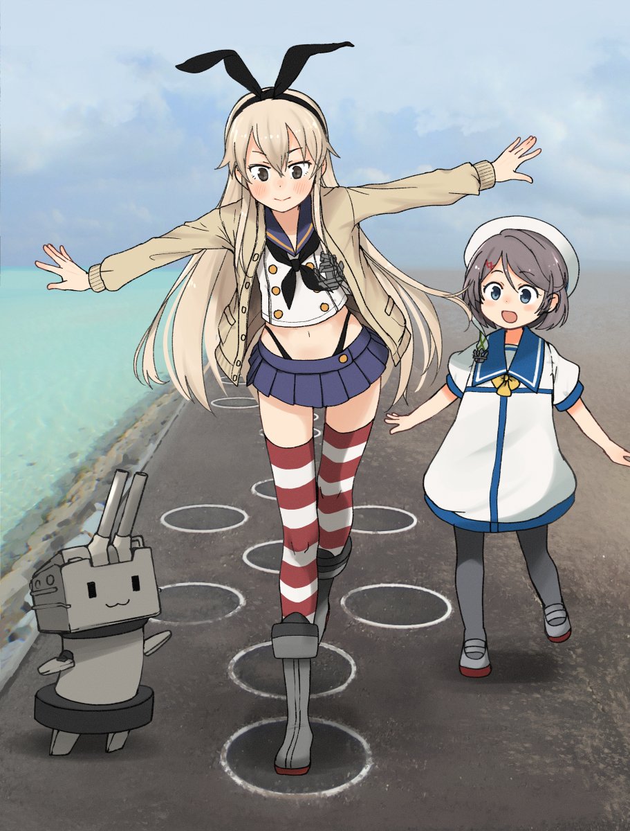 2girls annin_musou black_hair black_legwear black_neckwear black_panties blonde_hair blue_sailor_collar blue_skirt blush buttons closed_mouth crop_top dress green_eyes grey_eyes hair_between_eyes hat highleg highleg_panties highres kaiboukan_no._30_(kancolle) kantai_collection long_hair long_sleeves multiple_girls neckerchief open_mouth outstretched_arms panties pantyhose pleated_skirt puffy_short_sleeves puffy_sleeves rensouhou-chan rudder_footwear sailor_collar sailor_dress sailor_hat school_uniform serafuku shimakaze_(kancolle) short_hair short_sleeves skirt smile spread_arms striped striped_legwear thigh-highs underwear white_dress white_headwear