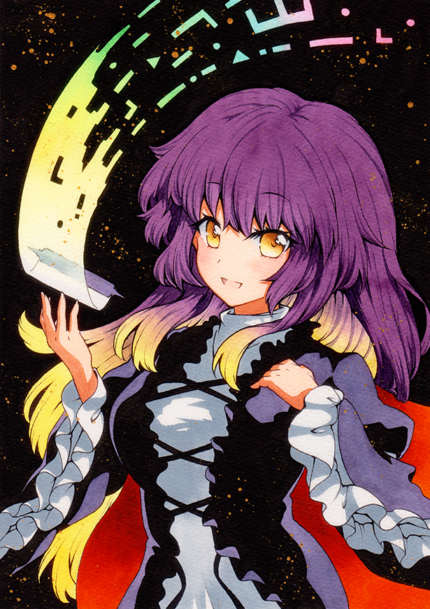 1girl :d bangs blonde_hair blush breasts dark_background dress eyebrows_visible_through_hair frilled_sleeves frills gradient_hair hijiri_byakuren juliet_sleeves layered_clothing long_hair long_sleeves looking_at_viewer medium_breasts multicolored_hair open_mouth puffy_sleeves purple_hair qqqrinkappp scroll smile solo sorcerer's_sutra_scroll touhou traditional_media upper_body white_dress wide_sleeves yellow_eyes