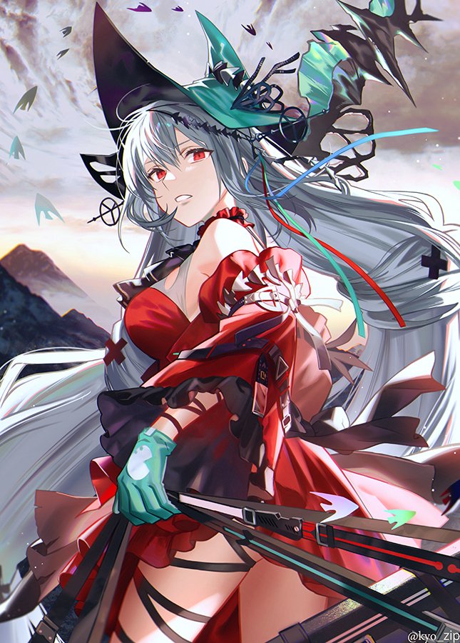 aqua_gloves aqua_headwear arknights ascot bangs bare_shoulders detached_sleeves dress gloves kyou_zip long_hair parted_lips red_dress red_eyes short_dress silver_hair skadi_(arknights) skadi_the_corrupting_heart_(arknights) sleeveless sleeveless_dress staff thigh_strap