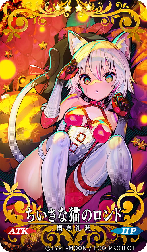1girl :o animal_ear_fluff animal_ears asymmetrical_legwear bangs breasts buckle cat_ears cat_girl cat_tail collar copyright craft_essence_(fate) fate/grand_order fate_(series) hair_between_eyes halloween jack-o'-lantern jack_the_ripper_(fate/apocrypha) looking_at_viewer multicolored_hair official_art onono_imoko parted_lips paw_pose pink_collar pink_hair scar scar_across_eye scar_on_face short_hair small_breasts solo star_(symbol) streaked_hair tail thigh-highs white_hair white_legwear