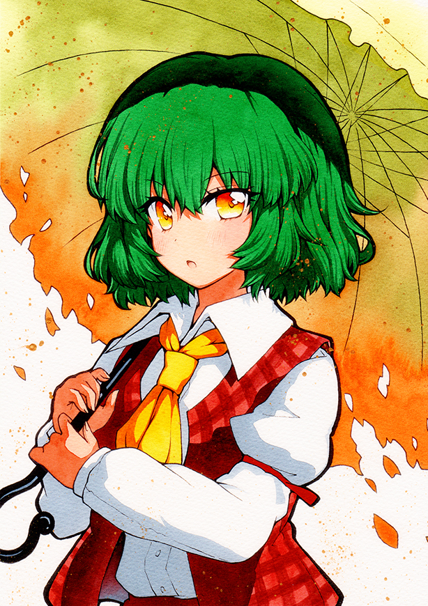 1girl :o ascot bangs buttons collared_shirt dress_shirt eyebrows_visible_through_hair green_hair hair_between_eyes holding holding_umbrella juliet_sleeves kazami_yuuka long_sleeves looking_at_viewer multicolored multicolored_eyes open_mouth orange_eyes puffy_sleeves qqqrinkappp red_vest shadow shirt short_hair solo touhou traditional_media umbrella upper_body vest white_background white_shirt yellow_neckwear