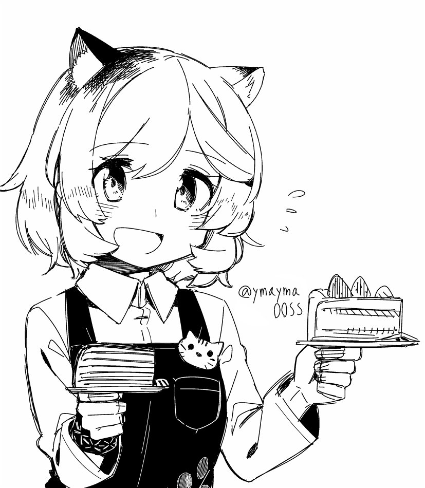 1girl :d animal_ears apron arknights cake cake_slice cat_ears collared_shirt commentary_request eyebrows_visible_through_hair flying_sweatdrops food greyscale holding holding_plate infection_monitor_(arknights) long_sleeves looking_at_viewer monochrome mousse_(arknights) open_mouth plate shirt short_hair simple_background sketch smile solo twitter_username upper_body white_background wristband yom_(ymayma00ss)