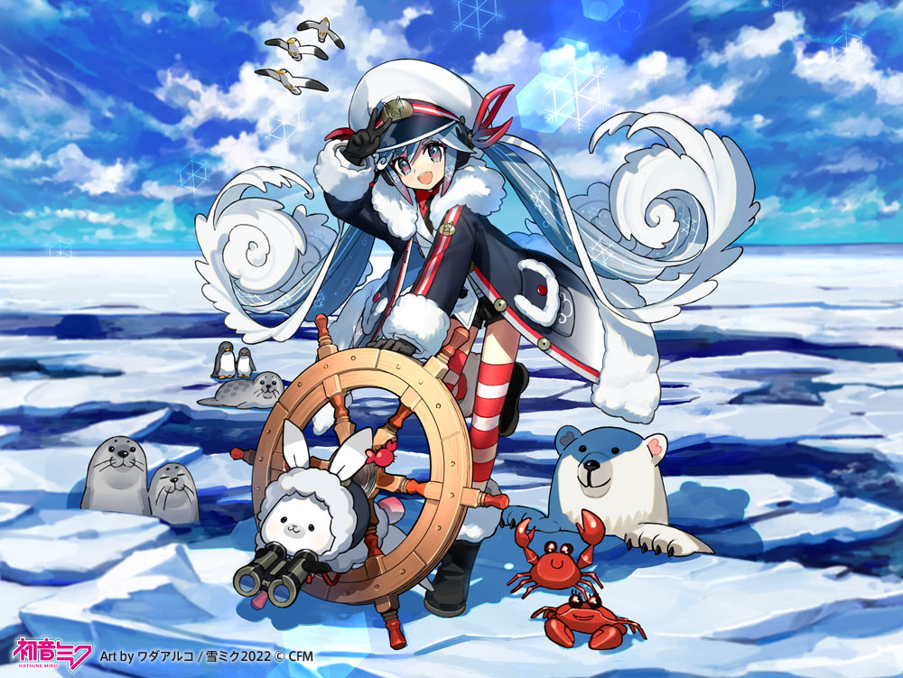 1girl 1other :3 animal arm_up bear binoculars bird black_gloves black_shirt black_shorts blue_eyes character_name clouds cloudy_sky coat commentary crab crypton_future_media day fur-trimmed_coat fur-trimmed_hood fur-trimmed_sleeves fur_trim gloves hair_ribbon hat hatsune_miku heart heart_in_eye holding holding_binoculars hood hood_up ice_floe jacket leaning_forward lens_flare light_blue_hair long_hair looking_at_viewer multicolored_hair necktie ocean official_art open_mouth outdoors penguin polar_bear rabbit rabbit_yukine red_legwear red_neckwear red_ribbon redhead ribbon sailor_hat seagull seal_(animal) ship's_wheel shirt shorts sky smile snowflake_print snowflakes standing striped striped_legwear symbol_in_eye thigh-highs twintails v very_long_hair vocaloid wada_arco wavy_hair white_hair white_headwear white_jacket white_legwear winter yuki_miku