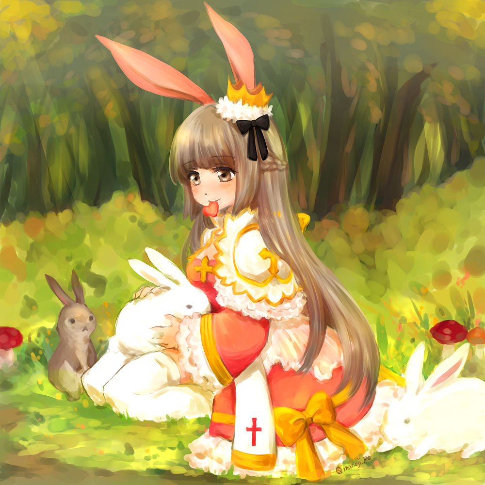 1girl animal_ears arch_bishop_(ragnarok_online) black_bow blush bow breasts brown_eyes brown_hair bush cleavage_cutout closed_mouth clothing_cutout commentary_request crown dress dress_bow forest frilled_dress frilled_sleeves frills full_body grass hair_bow heart heart_in_mouth long_hair manoji medium_breasts nature official_alternate_costume petting rabbit rabbit_ears ragnarok_online red_dress sash seiza signature sitting smile solo thigh-highs two-tone_dress white_dress white_legwear yellow_bow yellow_sash