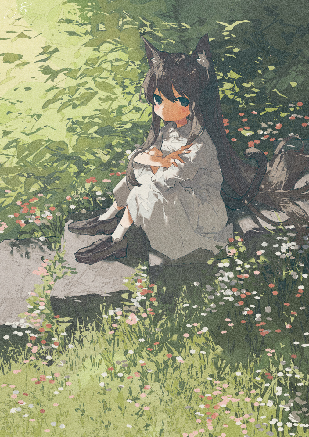 1girl animal_ears cat_ears cat_girl cat_tail child crossed_arms day dress flower grass highres long_hair original potg_(piotegu) shadow shoes sitting solo tail white_dress