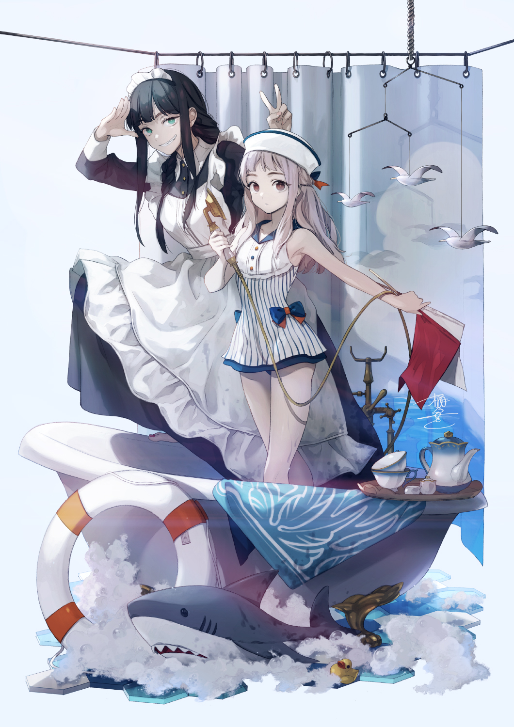 2girls apron bangs bare_shoulders barefoot bathtub bird black_dress black_hair blue_background blue_bow bow bright_pupils claw_foot_bathtub commentary_request cup dixie_cup_hat dress grin hat highres lifebuoy long_hair long_sleeves maid_headdress military_hat mobile multiple_girls nail_polish okeno_kamoku original red_bow red_eyes red_nails rubber_duck seagull semaphore_flags shark shower_curtain shower_head signature sleeve_cuffs sleeveless sleeveless_dress smile standing teacup teapot toenail_polish toenails tray v white_dress white_headwear