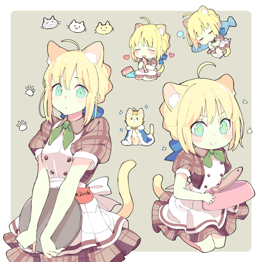 1girl 87banana ahoge animal_ears artoria_pendragon_(fate) blonde_hair blush bow bowtie breasts cat cat_ears cat_girl cat_tail closed_eyes commentary_request crown eating eyebrows_visible_through_hair fate/stay_night fate_(series) fish green_eyes hair_between_eyes hair_bun heart holding holding_tray looking_at_viewer mini_crown multiple_views saber short_sleeves sleeping small_breasts tail tray waitress