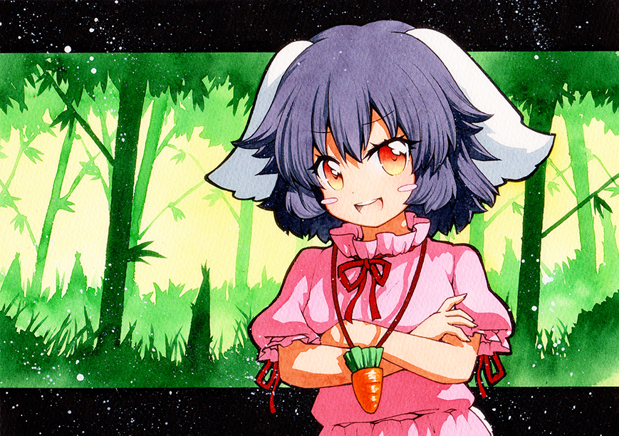 1girl :d animal_ears bamboo bamboo_forest black_hair blush_stickers carrot_necklace crossed_arms dress eyebrows_visible_through_hair forest green_background inaba_tewi looking_at_viewer multicolored multicolored_eyes nature neck_ribbon open_mouth orange_eyes outdoors pink_dress puffy_short_sleeves puffy_sleeves qqqrinkappp rabbit_ears red_neckwear red_ribbon ribbon short_hair short_sleeves smile solo touhou traditional_media upper_body v-shaped_eyebrows