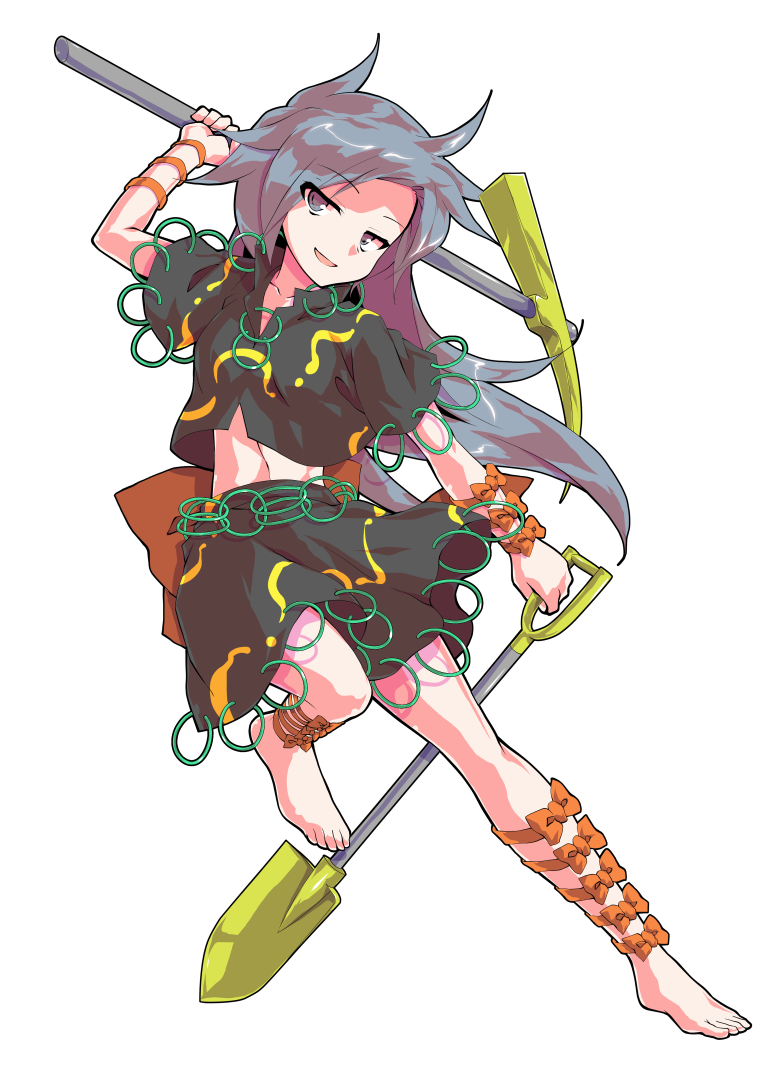 1girl alphes_(style) arm_ribbon arm_up bangs barefoot bow breasts dairi explosive eyebrows_visible_through_hair eyes_visible_through_hair grey_eyes grey_hair grey_shirt grey_skirt grey_sleeves hand_up himemushi_momoyo leg_ribbon leg_up long_hair looking_at_viewer medium_breasts mine_(weapon) open_mouth orange_bow orange_ribbon parody ribbon shaded_face shirt short_sleeves simple_background skirt smile smug solo standing standing_on_one_leg style_parody t-shirt tachi-e touhou weapon white_background