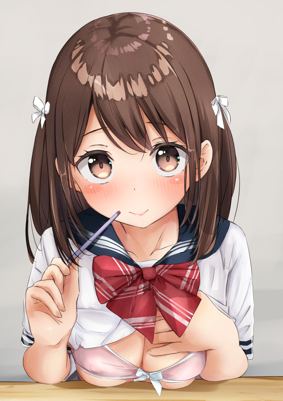 1girl blue_sailor_collar blush bow bowtie bra breasts brown_eyes brown_hair closed_mouth clothes_lift commentary_request front-tie_bra grey_background hair_ribbon hand_on_own_chest highres holding holding_pencil lifted_by_self long_hair looking_at_viewer medium_breasts miyuki_(yxbt7) original pencil pink_bra red_neckwear ribbon sailor_collar shirt shirt_lift short_sleeves simple_background sleeve_cuffs smile solo striped striped_neckwear underwear upper_body white_ribbon white_shirt