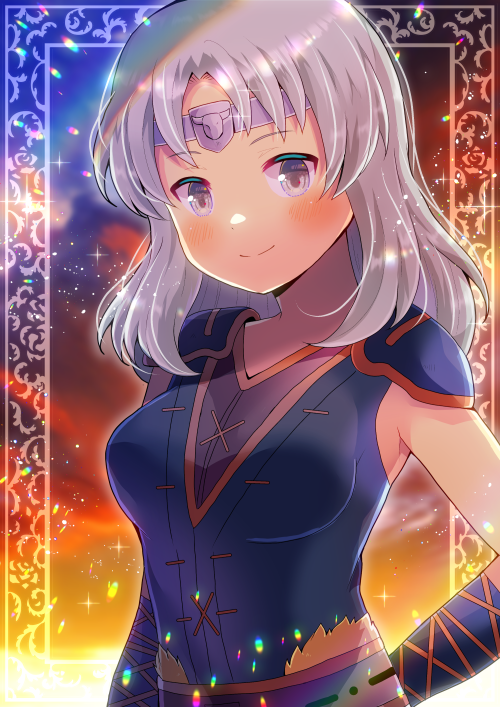 1girl bangs blue_jacket blurry blurry_background blush breasts closed_mouth commission copyright_request depth_of_field eyebrows_visible_through_hair grey_eyes grey_hair headpiece jacket kou_hiyoyo long_hair medium_breasts parted_bangs shoulder_pads skeb_commission smile solo sunset upper_body