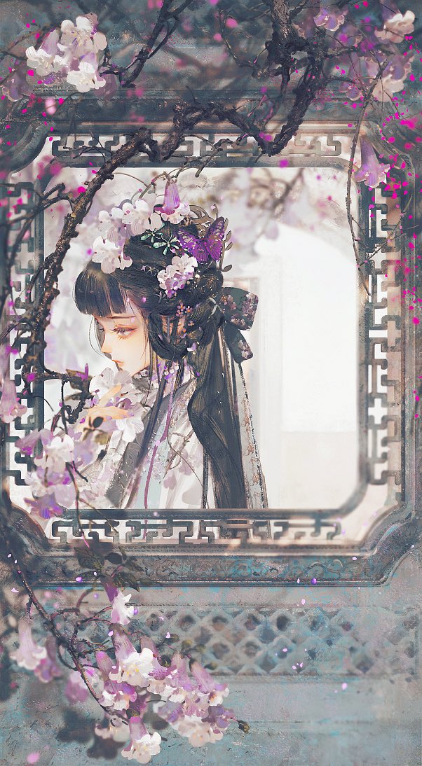 1girl bangs black_hair blunt_bangs chinese_clothes flower from_side hair_flower hair_ornament hanfu long_hair mian_lang original petals profile purple_flower sad sidelocks solo upper_body