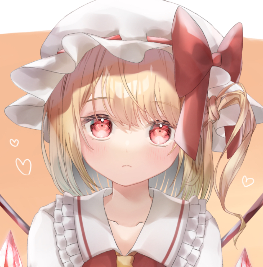 1girl bangs blonde_hair blush bow closed_mouth collarbone commentary_request crystal expressionless eyebrows_visible_through_hair face flandre_scarlet frilled_shirt_collar frills furawast hat hat_bow heart looking_at_viewer medium_hair mob_cap one_side_up orange_background red_bow red_eyes red_vest simple_background solo touhou upper_body vest white_headwear wings yellow_neckwear