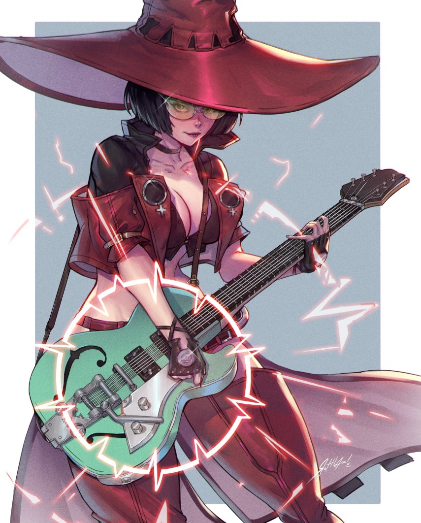 blonde_hair electric_guitar fingerless_gloves gloves guilty_gear guilty_gear_strive guitar hat i-no instrument jacket looking_at_viewer midriff rattlepool red_headwear red_jacket short_hair sunglasses venus_symbol witch_hat