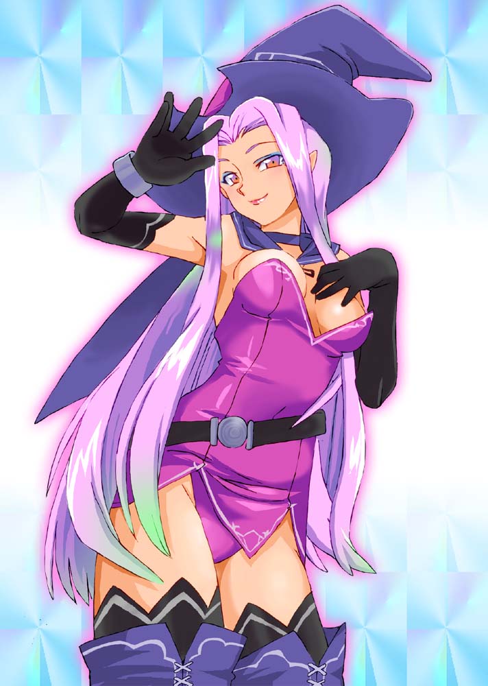 1girl alternate_costume breasts closed_mouth cosplay elbow_gloves gloves halloween_costume hat long_hair looking_at_viewer onnaski pointy_ears purple_hair seiken_densetsu seiken_densetsu_3 smile solo thigh-highs valda_(seiken_densetsu_3) violet_eyes