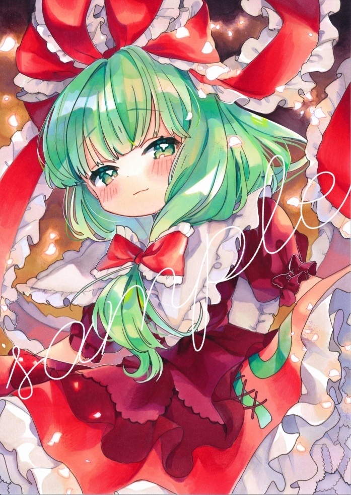 1girl bangs blunt_bangs blush bow closed_mouth commentary_request dress eyebrows_visible_through_hair frilled_bow frilled_ribbon frilled_shirt_collar frills from_below front_ponytail green_eyes green_hair hair_bow half-closed_eyes kagiyama_hina light_smile long_hair looking_at_viewer marker_(medium) moni_monico petticoat puffy_short_sleeves puffy_sleeves red_bow red_dress ribbon short_sleeves solo touhou traditional_media