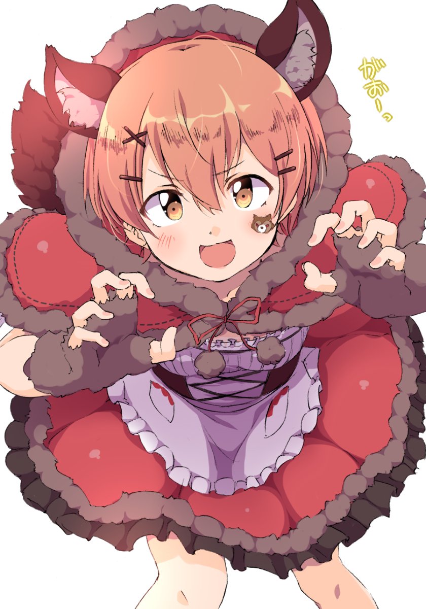 1girl :d alternate_costume animal_ears apron bodice capelet claw_pose eyebrows_visible_through_hair facial_mark frilled_apron frills hair_ornament hairclip highres hood hoshizora_rin little_red_riding_hood looking_at_viewer love_live! love_live!_school_idol_project orange_hair red_capelet sen_(sen0910) short_hair smile solo tail v-shaped_eyebrows waist_apron white_apron wolf_ears wolf_tail x_hair_ornament yellow_eyes