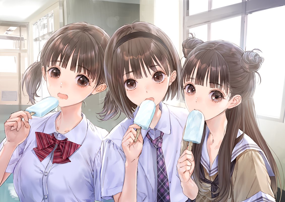 3girls bangs black_hairband blue_reflection blue_reflection_tie blunt_bangs bow bowtie breasts brown_eyes brown_hair brown_serafuku buttons collared_shirt double_bun food hairband hallway hoshizaki_ao indoors kinjou_yuki kishida_mel long_hair looking_at_viewer medium_breasts medium_hair multiple_girls necktie ponytail popsicle red_bow sailor_collar school_uniform serafuku shirt short_sleeves striped striped_bow twintails two_side_up upper_body utsubo_kokoro white_sailor_collar white_shirt