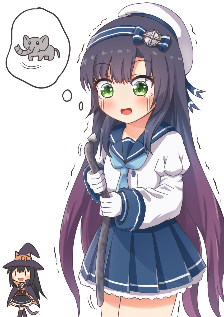 2girls :d asashio_(kancolle) black_dress black_hair black_legwear blue_neckwear blue_sailor_collar blue_skirt blush cape cat_tail comiching commentary_request cowboy_shot crying dress elephant eyebrows_visible_through_hair fake_tail gloves green_eyes hair_ornament hat highres holding kantai_collection long_hair long_sleeves matsuwa_(kancolle) multiple_girls necktie open_mouth purple_hair sailor_collar school_uniform simple_background skirt smile tail tears thigh-highs uniform white_background white_gloves white_headwear witch_hat