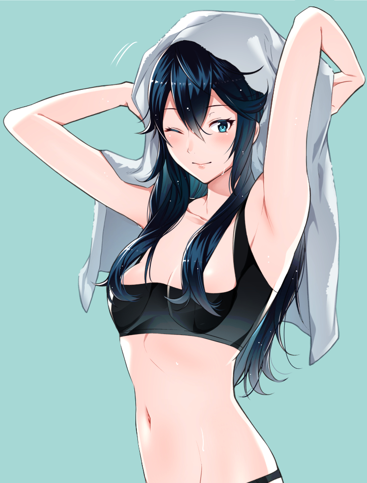 1girl ameno_(a_meno0) aqua_background armpits arms_up bangs bare_shoulders black_bra black_panties blue_eyes blue_hair blush bra breasts closed_mouth collarbone drying drying_hair fire_emblem fire_emblem_awakening hair_between_eyes lips long_hair looking_at_viewer lucina_(fire_emblem) navel one_eye_closed panties pink_lips simple_background small_breasts smile solo sports_bra symbol-shaped_pupils towel underwear upper_body wet wet_hair