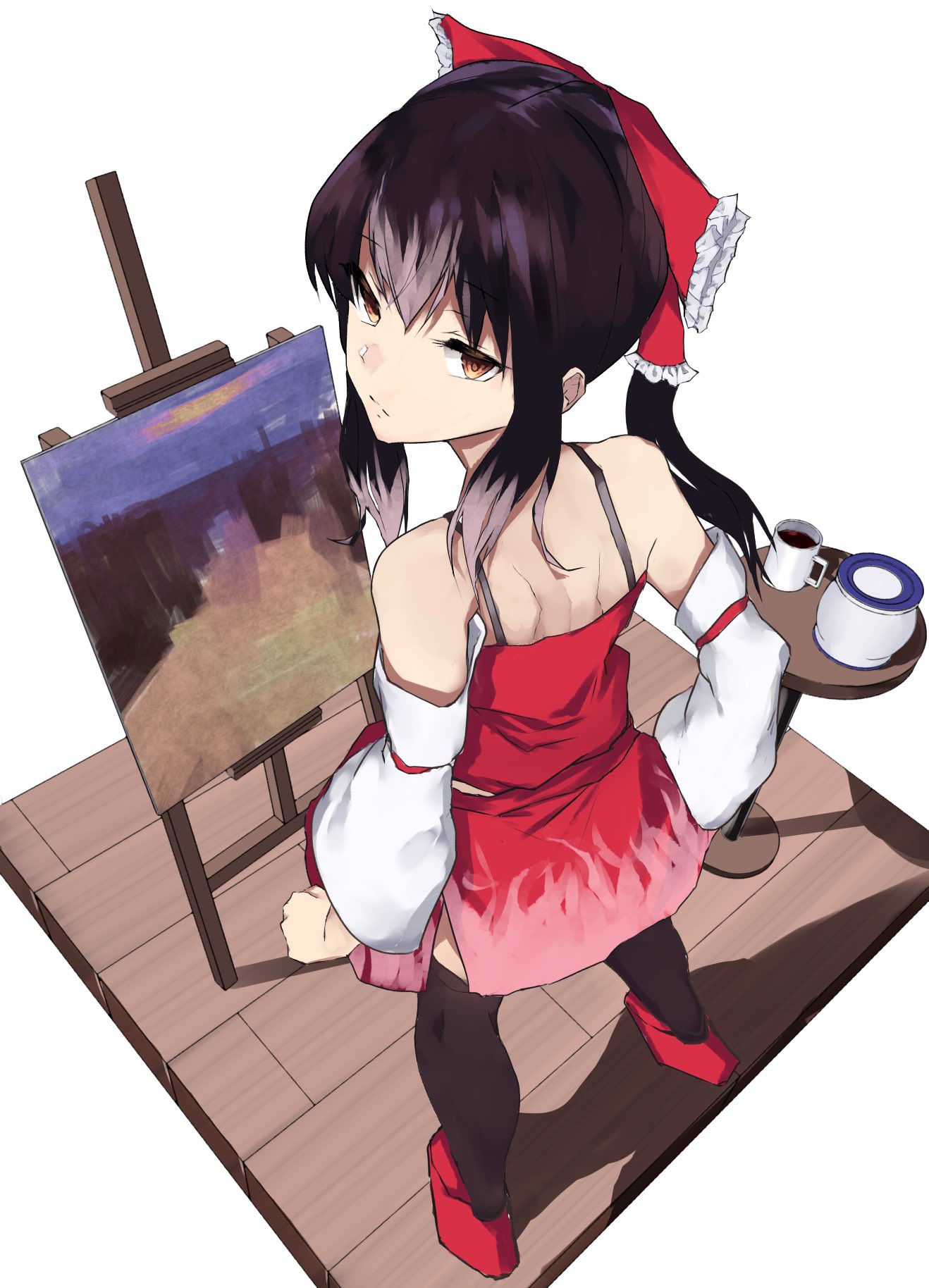 1girl bangs black_hair black_legwear bow brown_eyes closed_mouth coffee coffee_mug cookie_(touhou) crop_top cup detached_sleeves expressionless eyebrows_visible_through_hair full_body hair_between_eyes hair_bow hakurei_reimu highres long_hair looking_at_viewer looking_back mug painting_(object) red_bow red_footwear red_shirt red_skirt rizeass shirt shoes sidelocks skirt solo standing symbol-only_commentary thigh-highs touhou white_background white_sleeves wooden_floor yuyusu_(cookie)