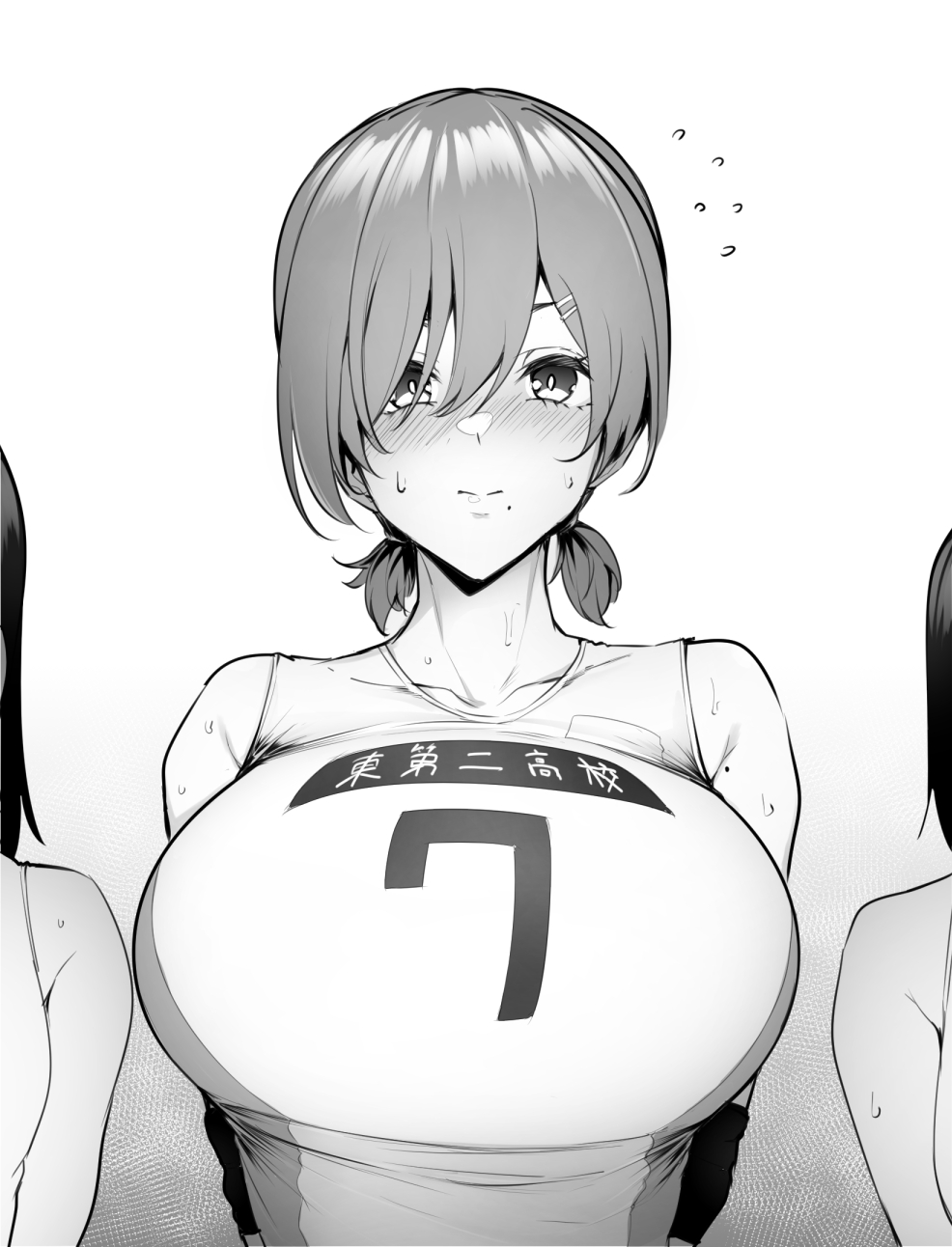 1girl blush breasts collarbone eyebrows_behind_hair greyscale hair_ornament hairclip highres large_breasts looking_at_viewer low_twintails monochrome original short_hair short_twintails sian solo_focus sportswear sweat twintails upper_body volleyball_uniform