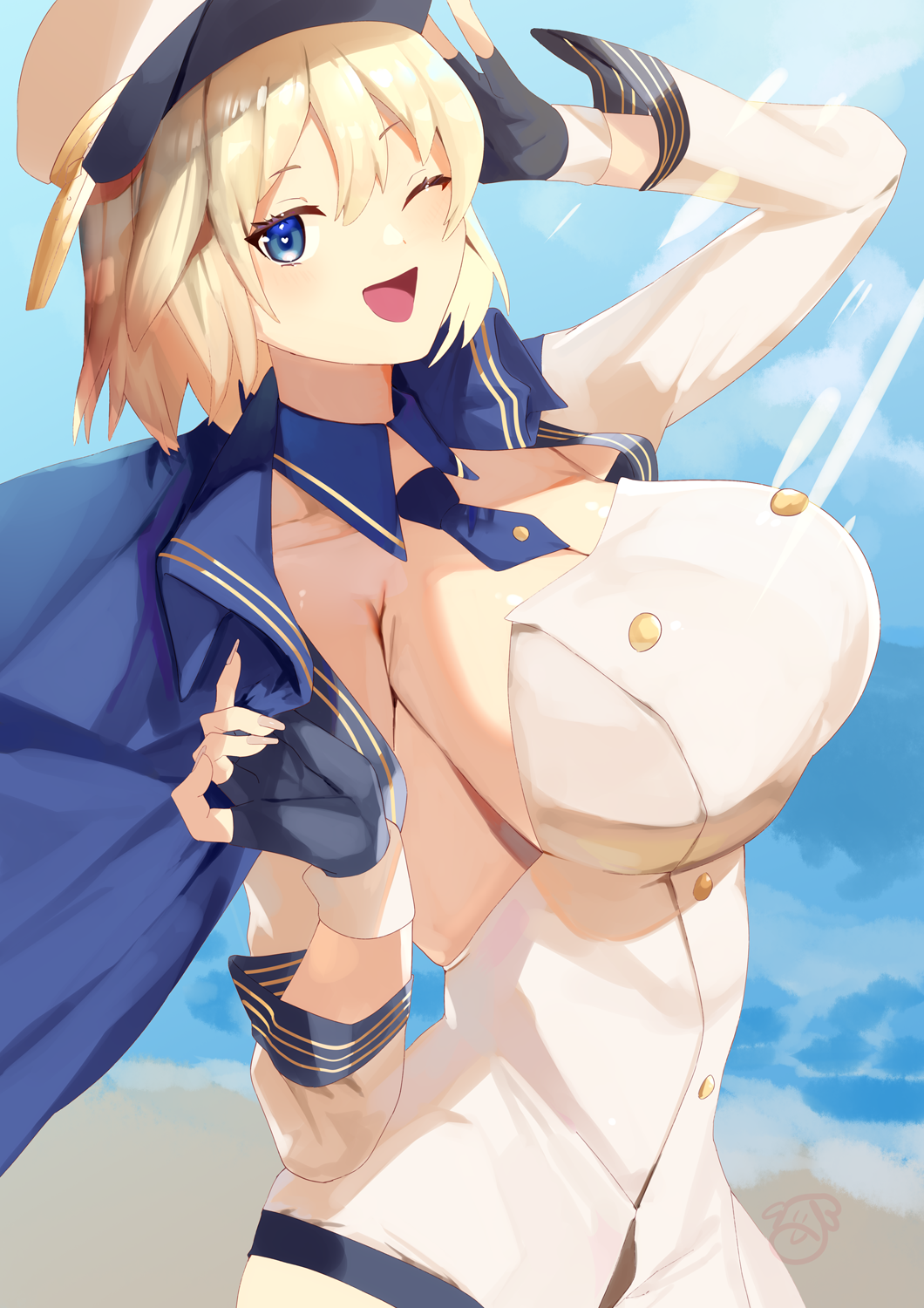 1girl aiushi_(lovecowjp) azur_lane blonde_hair blue_eyes blue_gloves blue_jacket blush breasts california_(azur_lane) eyebrows_visible_through_hair feet_out_of_frame fingerless_gloves fingernails gloves hand_on_headwear highres holding holding_clothes holding_jacket jacket jacket_on_shoulders large_breasts looking_at_viewer one_eye_closed open_mouth short_hair sideboob solo standing upper_body