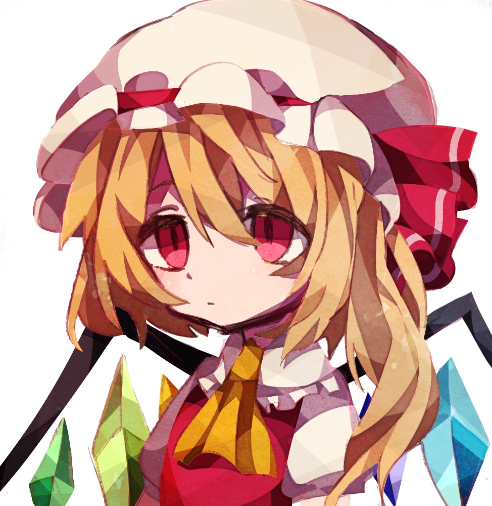 1girl ascot bangs blonde_hair crystal flandre_scarlet hat hat_ribbon long_hair mob_cap one_side_up red_eyes red_ribbon red_vest ribbon shirt short_sleeves simple_background solo soresaki touhou upper_body vest white_background white_headwear white_shirt wings yellow_neckwear