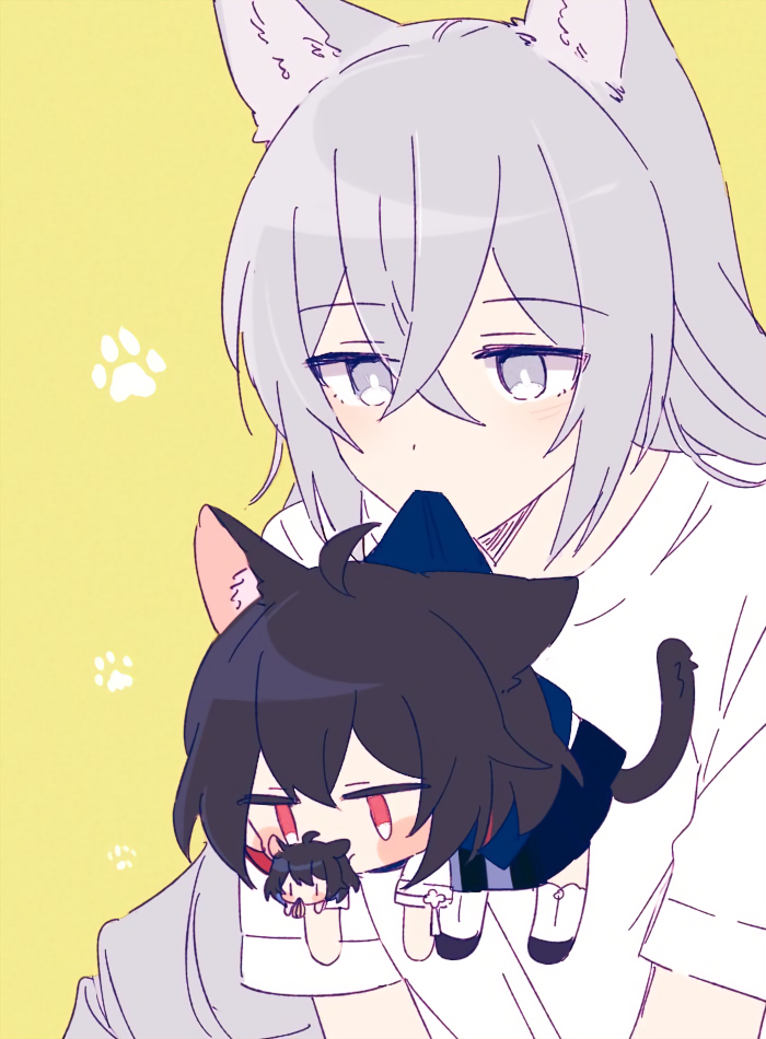 3girls 6_(yuchae) animal_ears bangs black_footwear black_skirt blue_eyes blue_hair bronya_zaychik cat_ears cat_girl cat_tail chibi drill_hair dual_persona grey_eyes grey_hair hair_between_eyes honkai_(series) honkai_impact_3rd in_mouth long_hair multiple_girls paw_print red_eyes redhead seele_(alter_ego) seele_vollerei seele_vollerei_(swallowtail_phantasm) shirt short_hair short_sleeves simple_background skirt tail twin_drills white_legwear white_shirt yellow_background