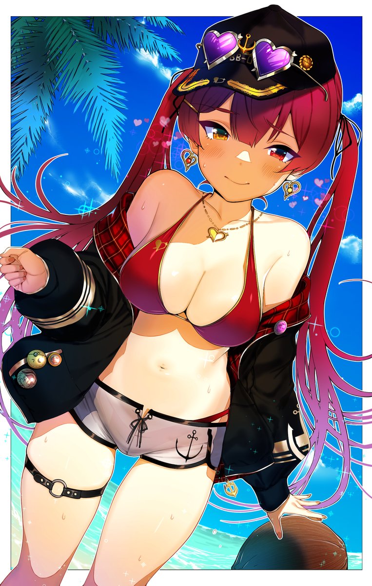 1girl anchor_symbol bangs bare_shoulders baseball_cap beach bikini bikini_under_clothes black_headwear black_jacket blunt_bangs coconut commentary earrings eyewear_on_head feet_out_of_frame hat heart heart-shaped_eyewear heart_earrings heart_necklace heterochromia highres hololive houshou_marine jacket jewelry long_hair looking_at_viewer navel necklace ocean off_shoulder palm_tree plain_222 red_bikini red_eyes redhead short_shorts shorts sky smile solo sparkle standing swimsuit thigh_strap tree twintails virtual_youtuber water yellow_eyes