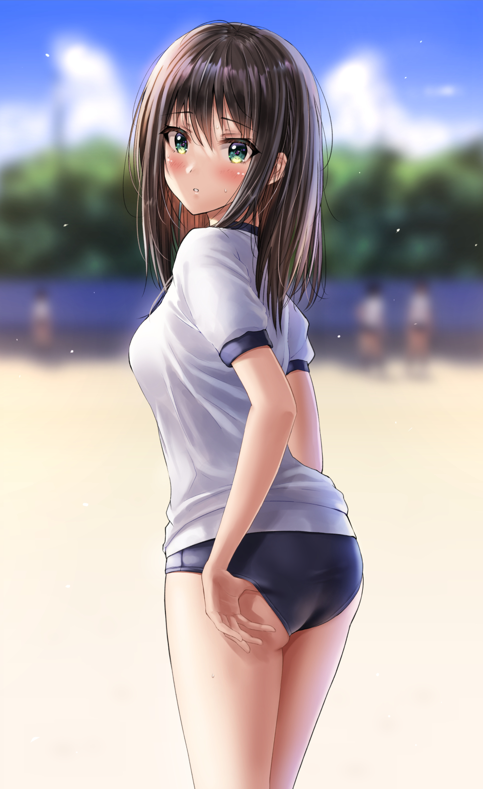 1girl 3others adjusting_buruma adjusting_clothes ass blue_buruma blush breasts brown_hair buruma from_behind green_eyes gym_uniform highres long_hair looking_at_viewer looking_back multiple_others original outdoors shirt short_sleeves thighs white_shirt yukemuriganmo