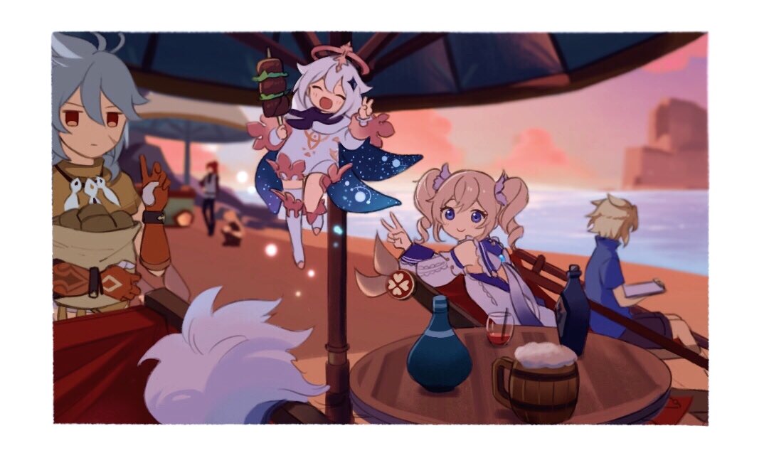 2girls 4boys aether_(genshin_impact) albedo_(genshin_impact) bangs barbara_(genshin_impact) barbara_(summertime_sparkle)_(genshin_impact) beach beach_umbrella beer_mug blonde_hair blue_eyes blurry blurry_background border bottle chair closed_eyes closed_mouth cup detached_sleeves diluc_(genshin_impact) dress drill_hair evening food genshin_impact gloves grey_hair halo long_hair mug multiple_boys multiple_girls open_mouth outdoors paimon_(genshin_impact) partially_fingerless_gloves razor_(genshin_impact) red_eyes scar scar_on_face shirt shorts sitting skewer smile squatting standing sui25jiyuu table twin_drills twintails umbrella v white_dress white_hair