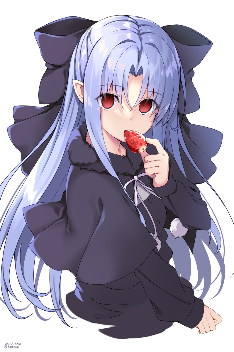 1girl black_capelet black_dress blue_hair bow capelet dress empty_eyes food fruit hair_bow hand_to_own_mouth highres len_(tsukihime) long_hair looking_at_viewer melty_blood nozomi_tsubame pointy_ears red_eyes ribbon simple_background solo strawberry tsukihime upper_body white_background