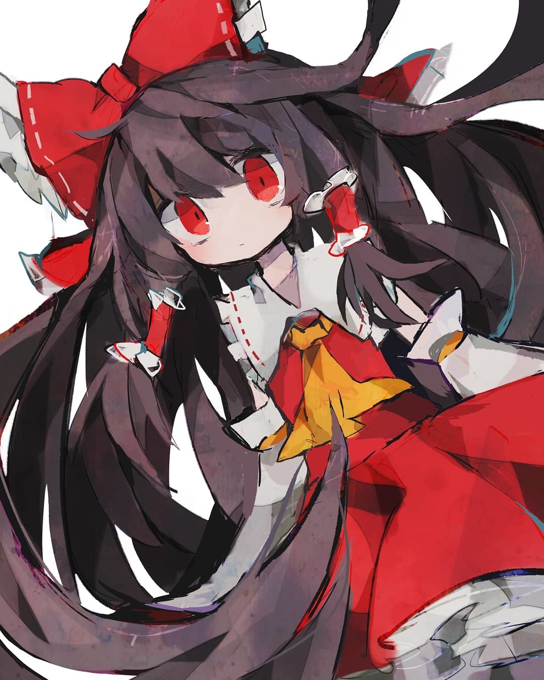 1girl alternate_hair_length alternate_hairstyle bangs bow brown_hair detached_sleeves hair_bow hair_tubes hakurei_reimu highres long_hair looking_at_viewer red_bow red_eyes red_shirt red_skirt shirt simple_background skirt solo soresaki touhou upper_body very_long_hair white_background wide_sleeves yellow_neckwear