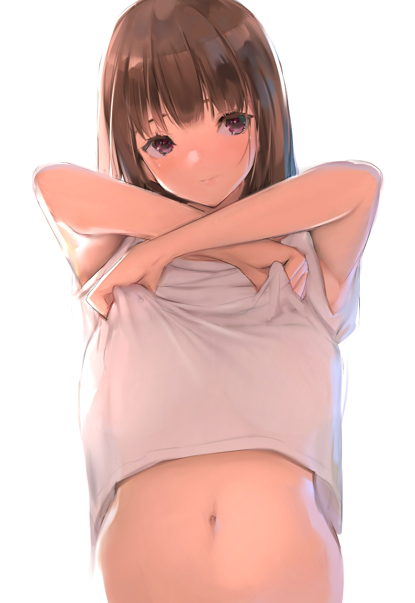 1girl armpits bangs breasts brown_hair closed_mouth clothes_lift highres large_breasts lifted_by_self long_hair navel original shirt_lift short_sleeves simple_background solo stomach upper_body violet_eyes white_background yaegashi_nan