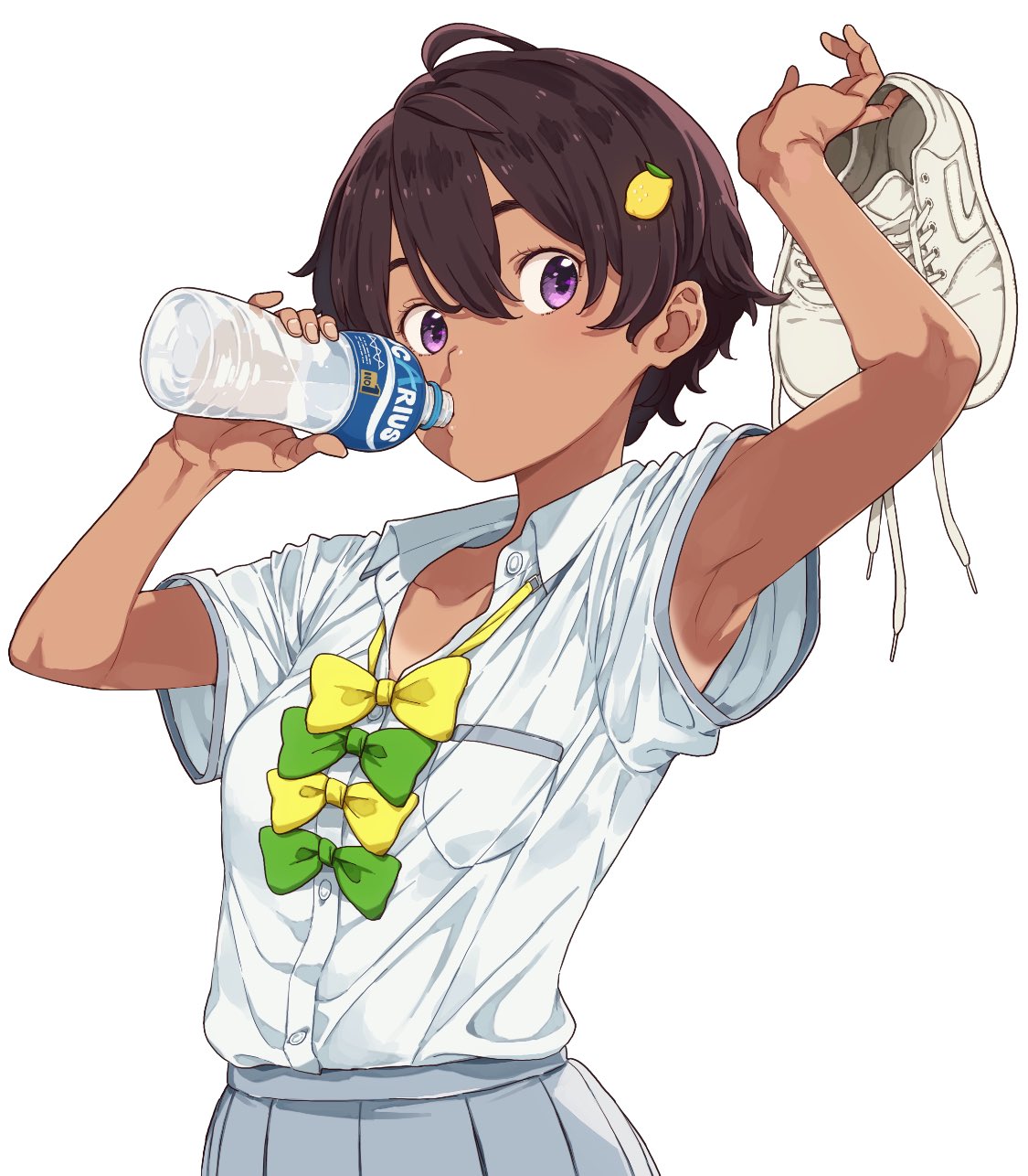 1girl ahoge arm_up armpits bottle bow bowtie breasts brown_hair collared_shirt commentary cowboy_shot cross-laced_footwear dress_shirt drinking food-themed_hair_ornament green_neckwear grey_skirt hair_between_eyes hair_ornament highres holding holding_bottle holding_clothes holding_footwear imigimuru lemon_hair_ornament looking_at_viewer medium_breasts miniskirt multiple_bows original partially_unbuttoned pleated_skirt school_uniform shirt shirt_tucked_in shoes shoes_removed short_hair short_sleeves simple_background skirt sneakers solo symbol-only_commentary violet_eyes water_bottle white_background white_footwear white_shirt wing_collar yellow_neckwear