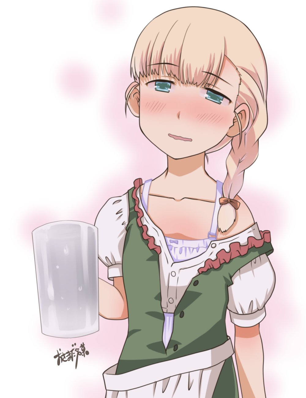 1girl artist_name beer_mug blonde_hair blue_eyes blush bow braid commentary_request cup dirndl dress drunk eyebrows_visible_through_hair german_clothes hair_bow half-closed_eyes highres holding holding_cup kantai_collection long_hair mug open_mouth orange_bow osamada_meika shin'you_(kancolle) solo upper_body white_background white_dress
